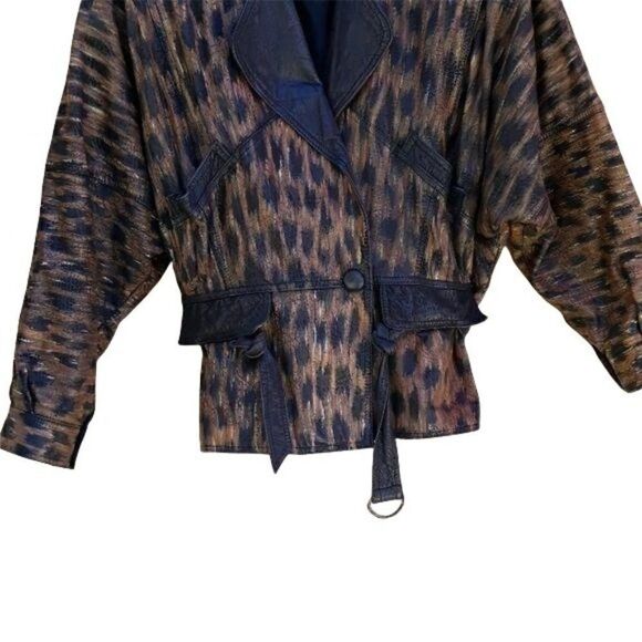Vtg 80s Womens Jacket Leather Bomber Hand Painted Upcycled Wearable Art Animal M - Picture 5 of 8